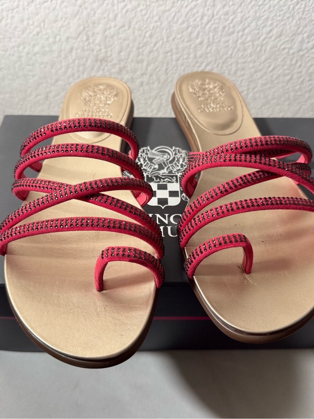 Vince Camuto Red Strappy Crystal Slide Sandals